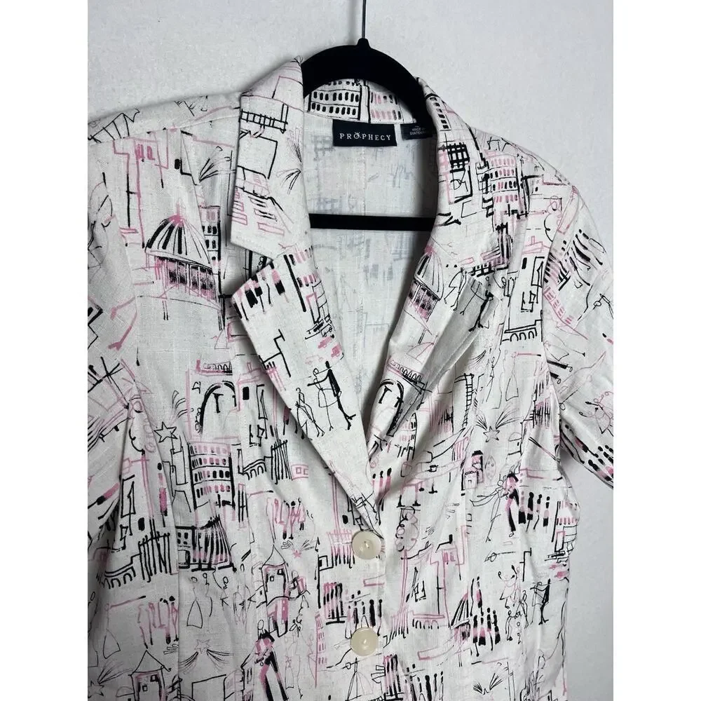 Prophecy Women's Short Sleeve Blazer Size 18 Shoulder Pads City Scape Pattern
